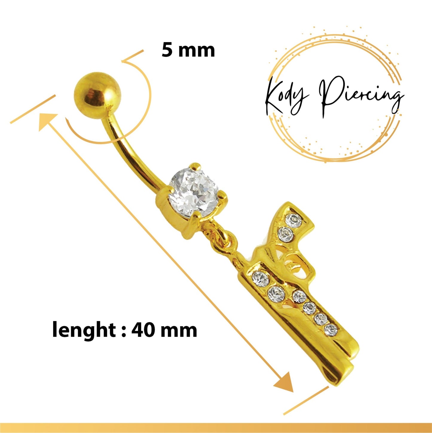 KODY PIERCING Bijou de Nombril Pistolet Colt Plaqué Or incrusté de Zirconium 10mm