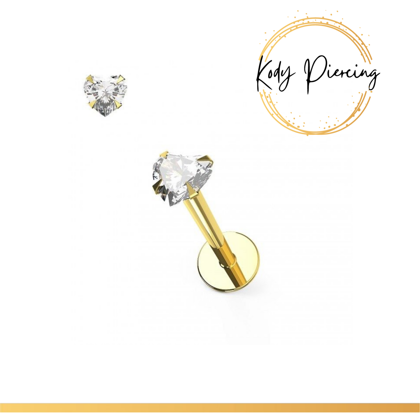 KODY PIERCING Labret Or 14 Carats avec Zircon Serti en forme de Cœur de 3mm
