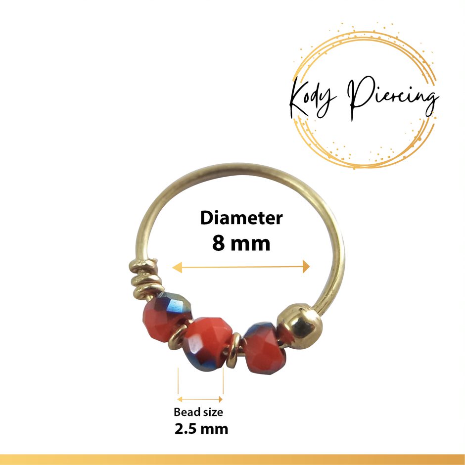 KODY PIERCING Anneau Or 9 carats orné de 3 Perles Porcelaine Bleue, Claire , Rouge ou Jaune Citron - Choisissez votre couleur préférée!
