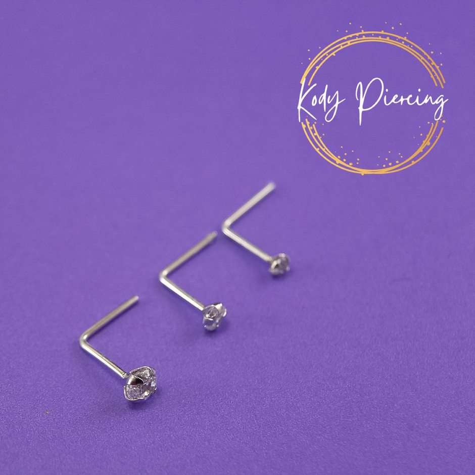 KODY PIERCING Coffret de 3 pièces Tige L Or Blanc 9 Carats et Zircons de 1.5mm, 2mm et 2,5mm
