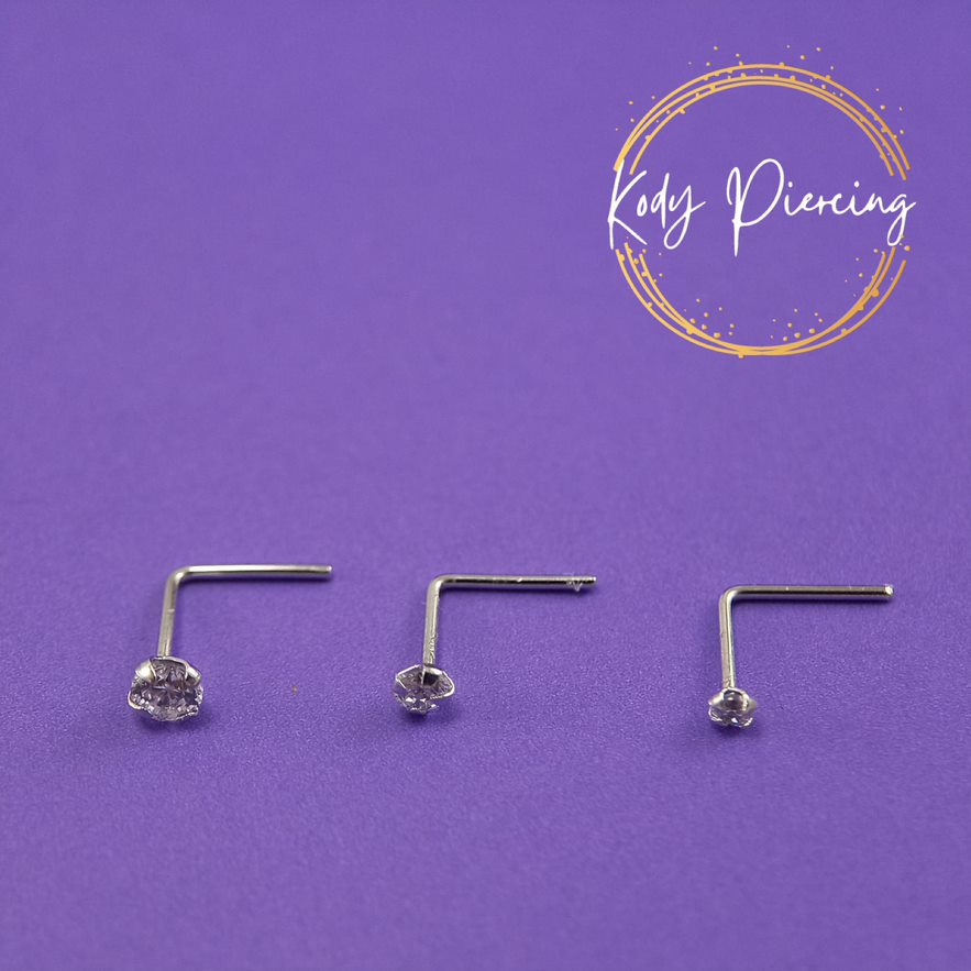 KODY PIERCING Coffret de 3 pièces Tige L Or Blanc 9 Carats et Zircons de 1.5mm, 2mm et 2,5mm