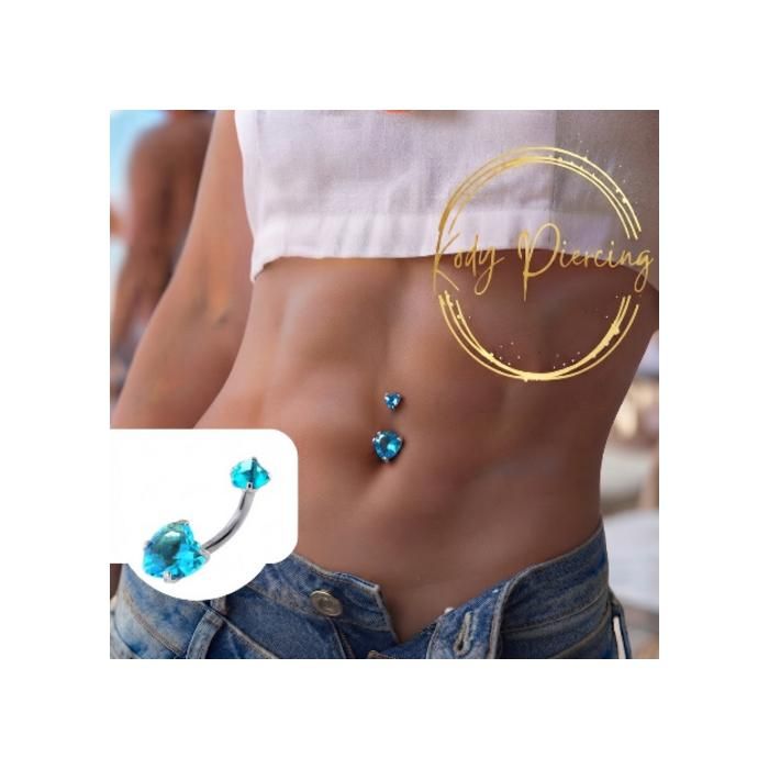 KODY PIERCING Piercing Nombril Double Cœur Zircon Cubique Bleu Lagon - Bijou Corps Éclat Joaillerie 316L