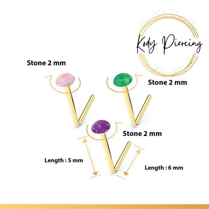 KODY PIERCING Coffret 3 Piercings Nez Or 9 Carats Opales Vert Rose Violet Tige L 5/6 mm - Éclat Iridescent et Douceur Bo