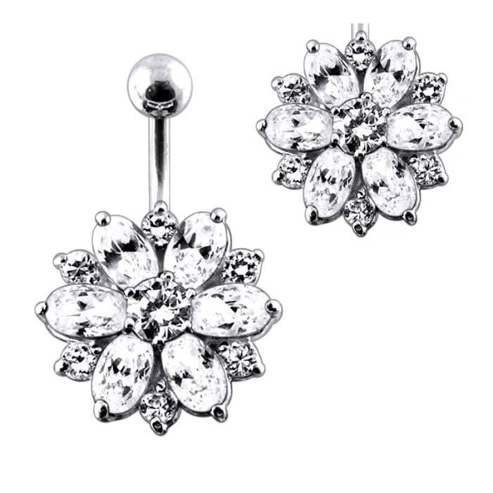KODY PIERCING Nombril Fleur Zirconium Blanc Acier Chirurgical 14 Gauge - Pureté Cristalline et Grâce Souveraine