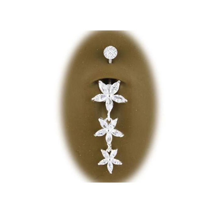 KODY PIERCING Piercing Nombril Inversé Argent 925 Triple Fleur Zircon Blanc Boule Cristal 8mm – Raffinement Bohème et Co