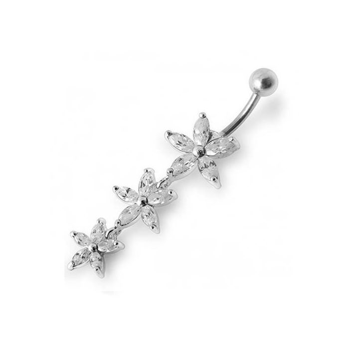 KODY PIERCING Piercing Banane 3 Fleurs Pendantes Argent 925 Acier Chirurgical Tige 8 mm - Blanc Pureté Cristalline et Gr
