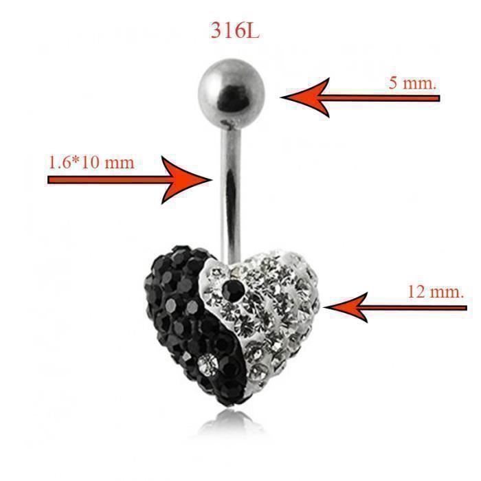 KODY PIERCING Bijou Piercing Nombril Cœur Yin Yang Noir Cristaux - Pureté Cristalline et Grâce Souveraine