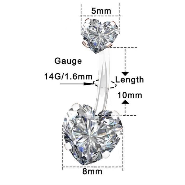 KODY PIERCING Piercing de Nombril KODY PIERCING Double Cœur Cristaux Blancs Acier 316L Tige 10 mm 14G – Blanc – Éclat Jo