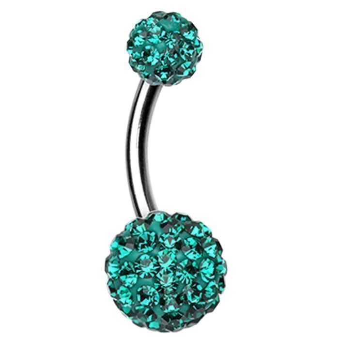 KODY PIERCING Piercing Nombril 2 Boules Cristal Vert Turquoise Pavé Acier Chirurgical 8mm - Pureté Océanique et Éclat Hy