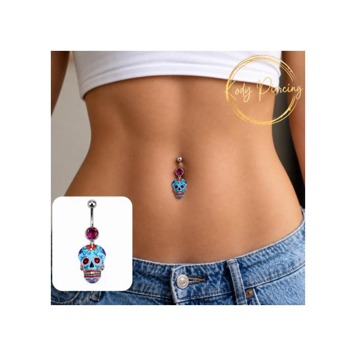 KODY PIERCING Piercing Nombril Crâne Mexicain Bleu Cristal Acier Chirurgical Pendentif – Raffinement Bohème et Confort P