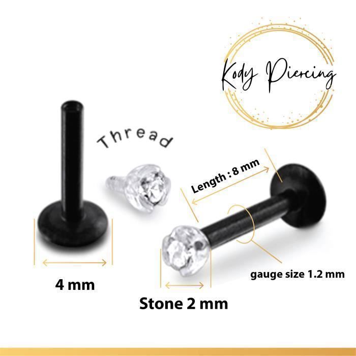 KODY PIERCING Labret Noir Cristal Serti KODY Tige 8 mm - Style Intense et Confort Absolu