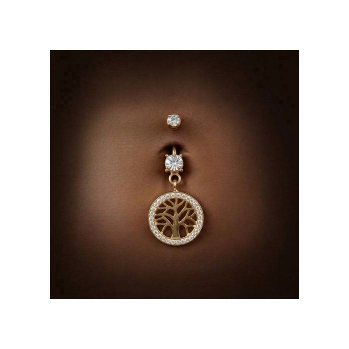 KODY PIERCING Bijou Piercing de Nombril Arbre de Vie Pendant Plaqué Or 18K Cristaux Blancs Tige 10 mm – Blanc – Élégance
