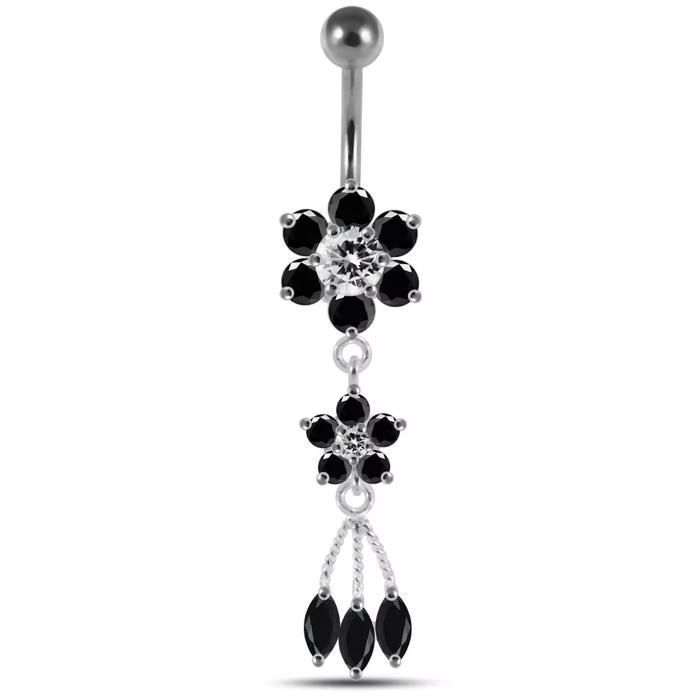 KODY PIERCING Bijou Piercing de Nombril Fleur Pendant Argent 925 Cristaux Noirs Cascade Tige 10 mm – Noir – Élégance Flo