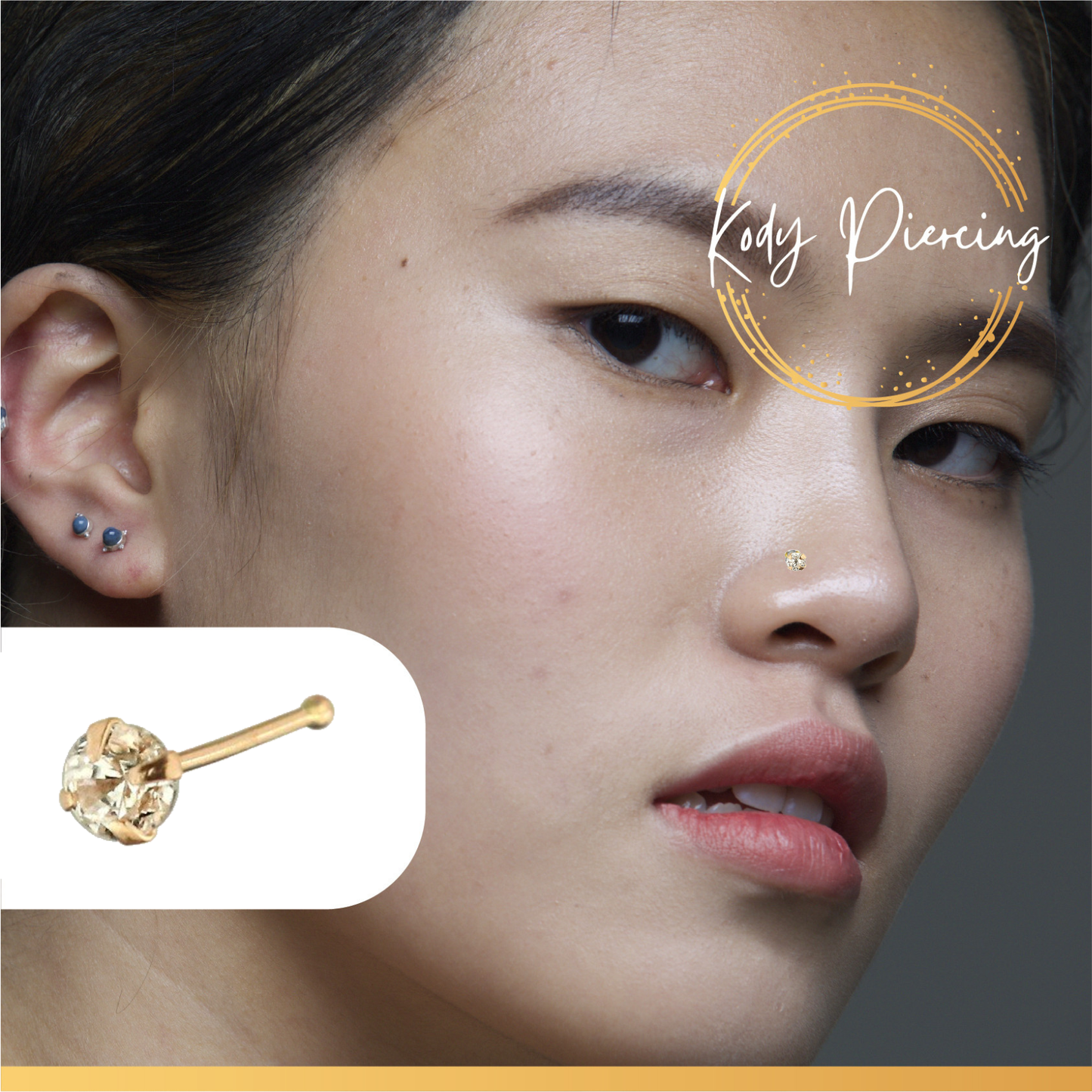 KODY PIERCING Stud Or 9 Carats et Zircon Rond serti de 3mm ou 2mm - Choisissez la taille préférée!