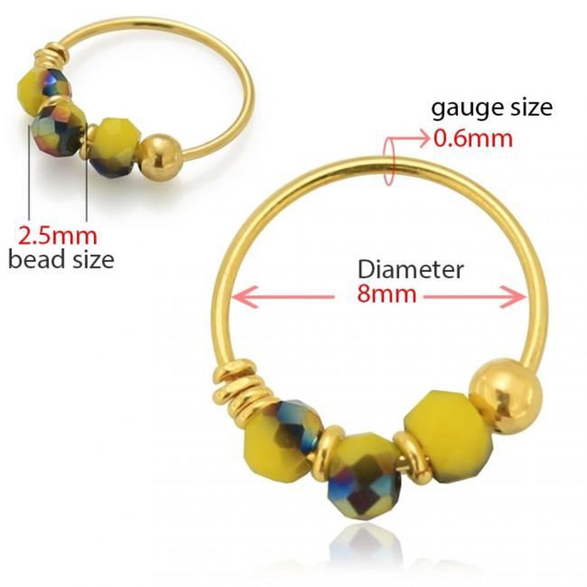 KODY PIERCING Anneau Or 9 carats orné de 3 Perles Porcelaine Bleue, Claire , Rouge ou Jaune Citron - Choisissez votre couleur préférée!