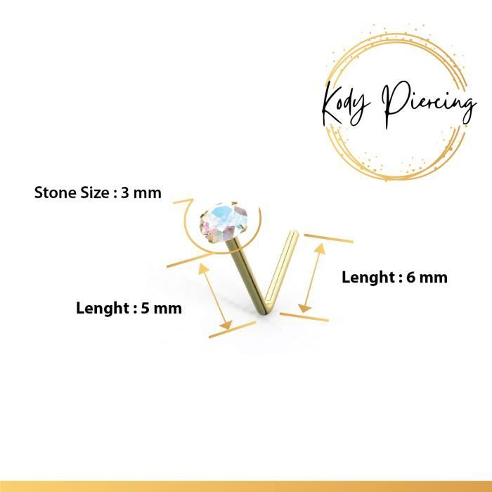 KODY PIERCING Tige en L OR 9 carats Orné d'un Authentique Cristal de 2mm serti Rouge ou Irisé - Choisissez votre couleur préférée!