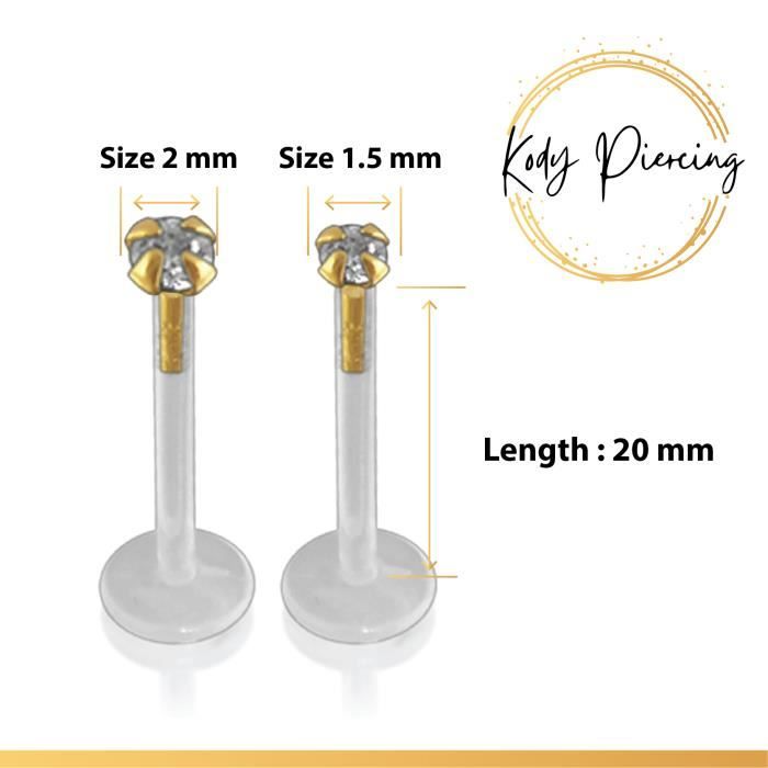 KODY PIERCING Labret Bioflex et tête en OR 14 carats Orné d'un Zircon - Choisissez la taille préférée!!