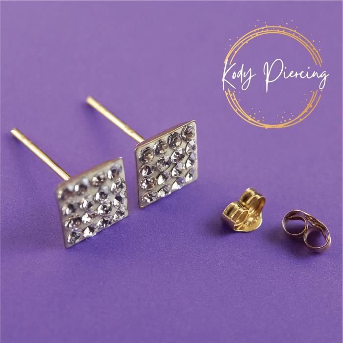 KODY PIERCING Boucles d'oreille Or 9 Carats orné d'un carré de plusieurs Zircons CZ Haute Qualité