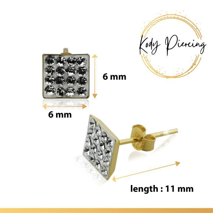 KODY PIERCING Boucles d’Oreilles – Or 9 Carats & Carré de Zircons CZ | Éclat Raffiné