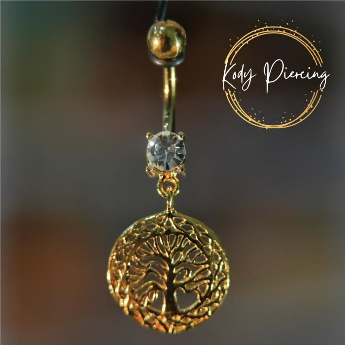 KODY PIERCING Nombril Arbre de Vie Plaqué Or Jaune 14 carats avec Diamant Clair
