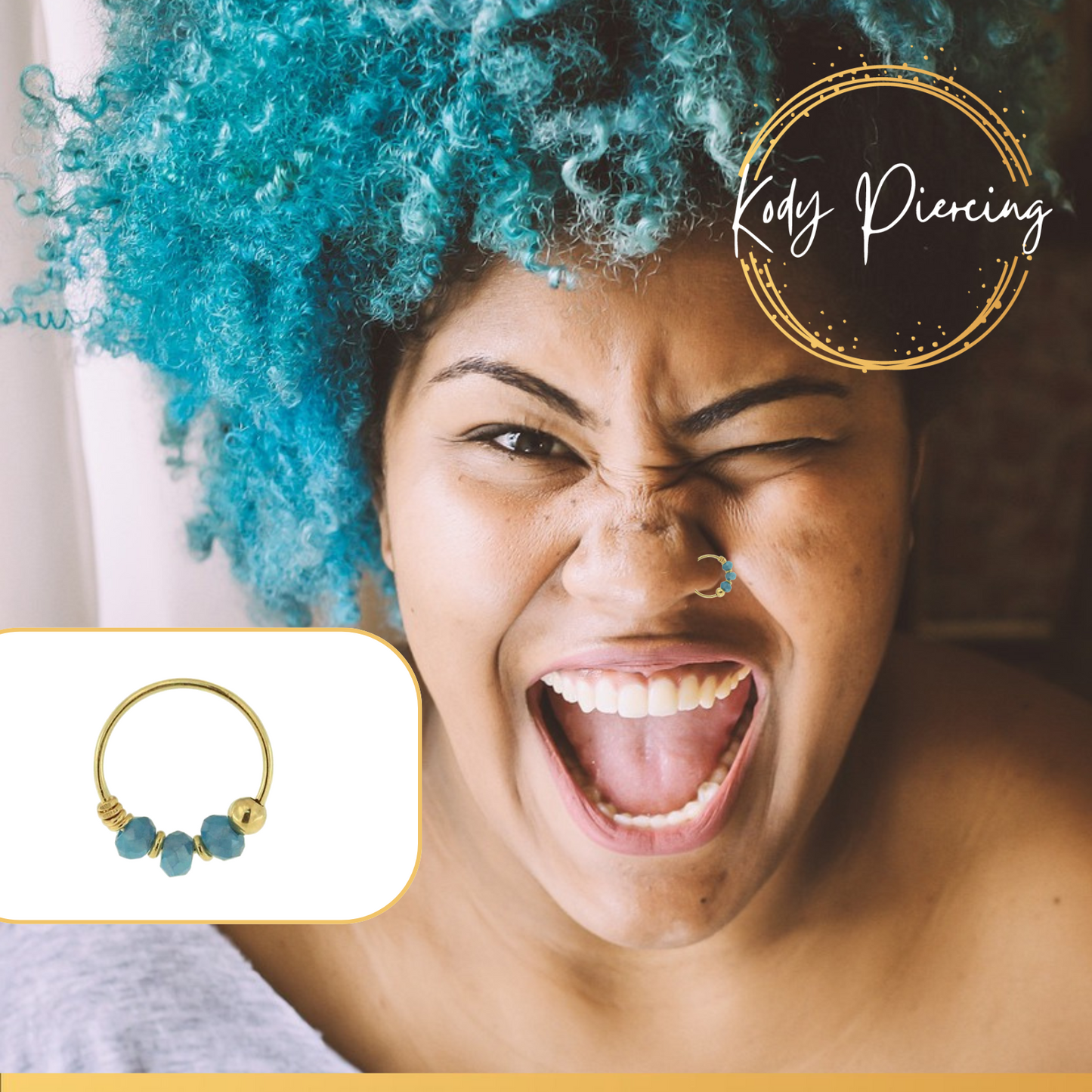 KODY PIERCING Anneau Or 9 carats orné de 3 Perles Porcelaine Bleue, Claire , Rouge ou Jaune Citron - Choisissez votre couleur préférée!