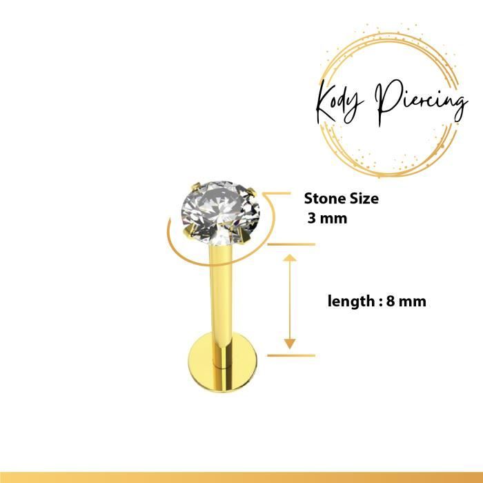 KODY PIERCING Labret Or Creux 9 Carats et Zircon cubique 3mm ou 2mm serti