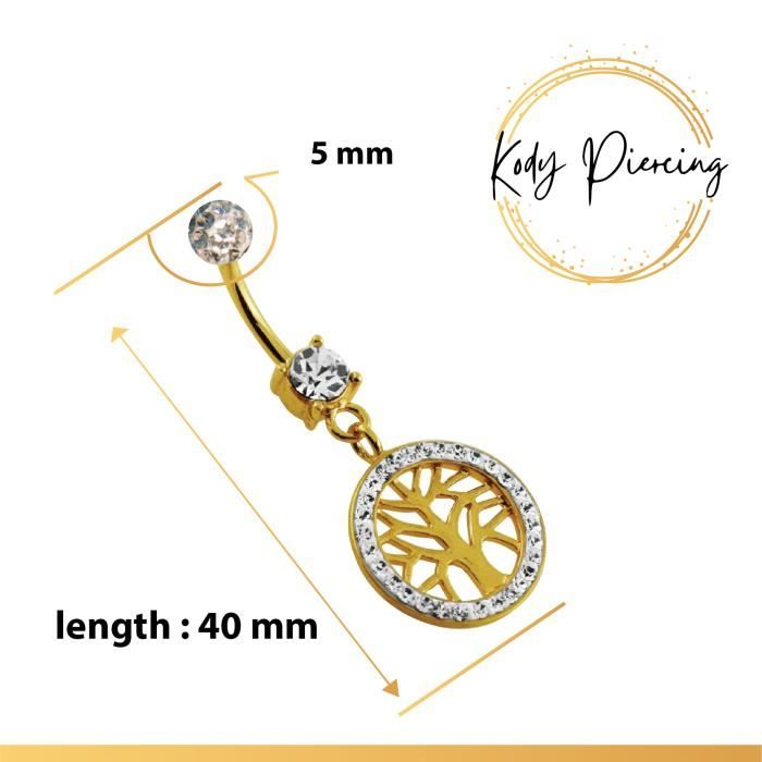 KODY PIERCING Nombril Arbre de Vie Cerclé de Cristaux avec boule en cristal - Plaqué Or 18 carats
