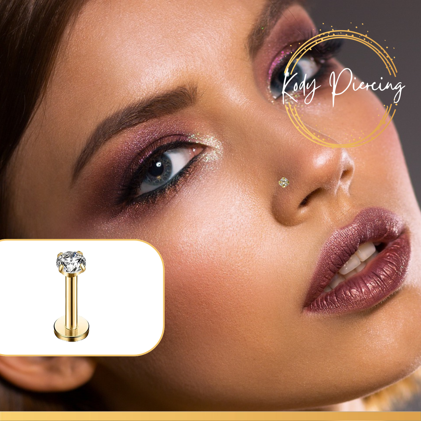 KODY PIERCING Labret Or Creux 9 Carats et Zircon cubique 3mm ou 2mm serti