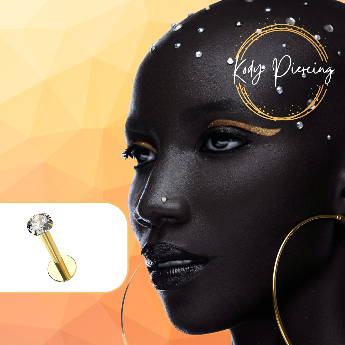 KODY PIERCING Labret Or Creux 9 Carats et Zircon cubique 3mm ou 2mm serti