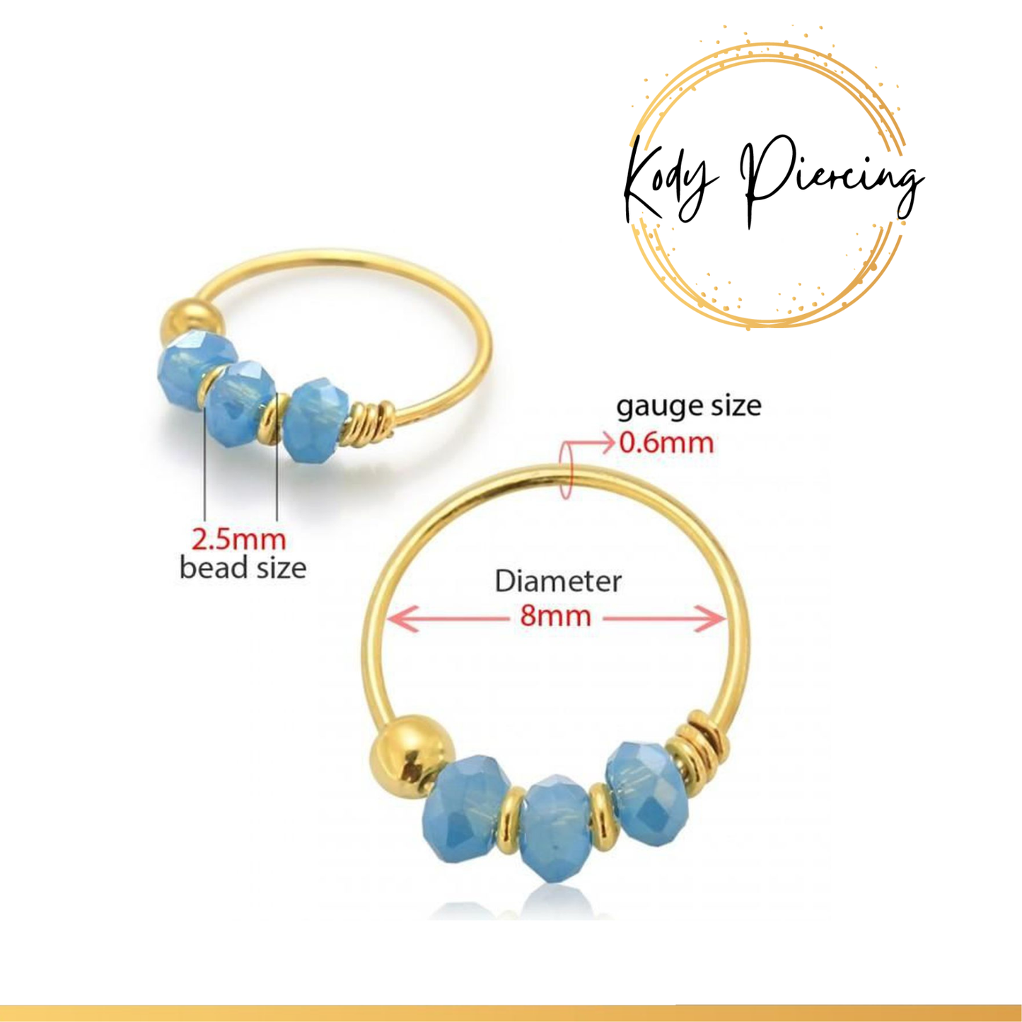 KODY PIERCING Anneau Or 9 carats orné de 3 Perles Porcelaine Bleue, Claire , Rouge ou Jaune Citron - Choisissez votre couleur préférée!