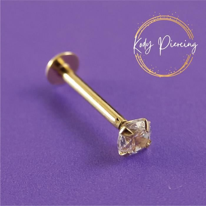 KODY PIERCING Labret Or Creux 9 Carats et Zircon cubique 3mm ou 2mm serti