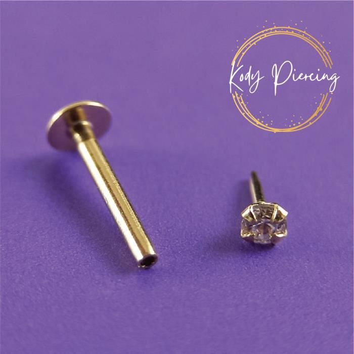 KODY PIERCING Labret Or Creux 9 Carats et Zircon cubique 3mm ou 2mm serti