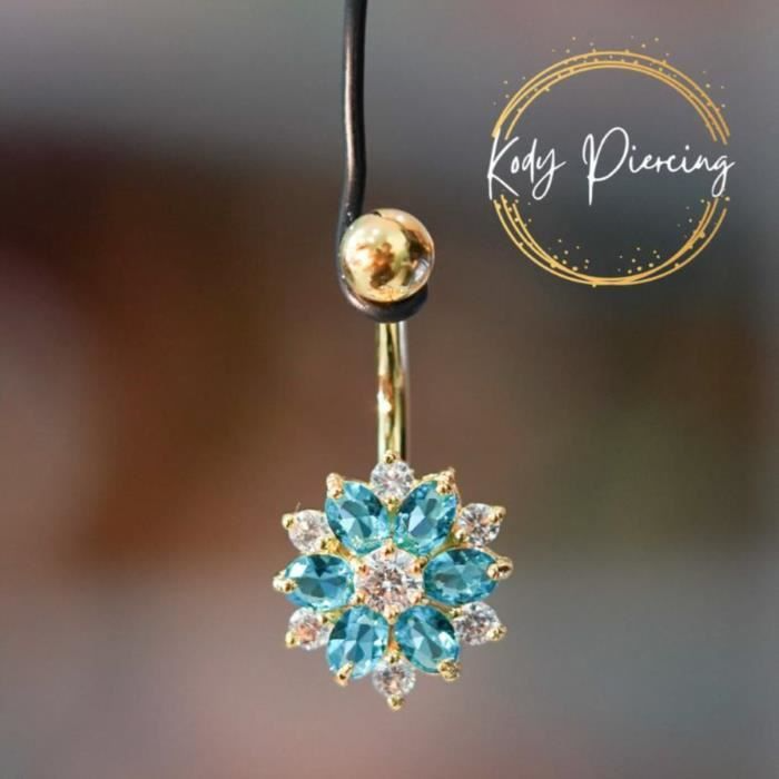 KODY PIERCING Nombril Fleur Zirconium Turquoise | Plaqué Or 18K