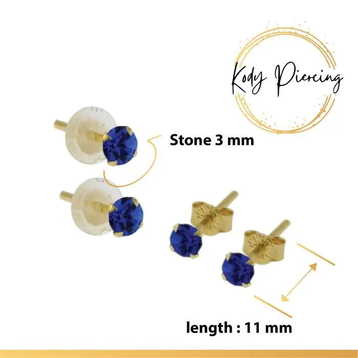 KODY PIERCING Boucles d'oreille Or 9 Carats de 3mm serti - Choisissez la couleur préférée!