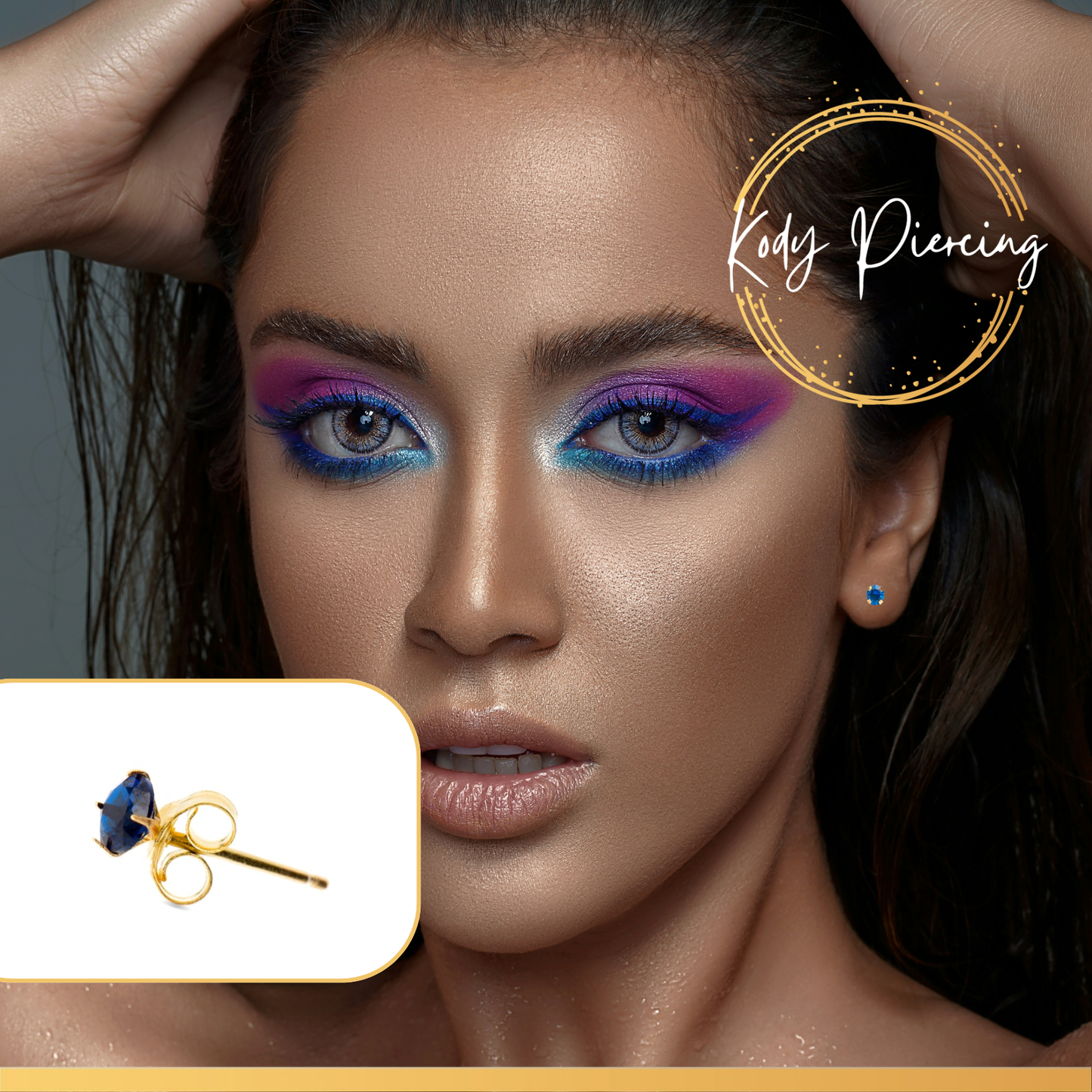 KODY PIERCING Boucles d'oreille Or 9 Carats de 3mm serti - Choisissez la couleur préférée!