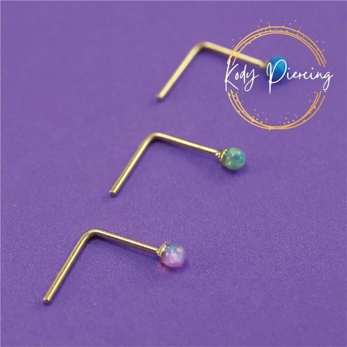 KODY PIERCING Coffret De 3 Pièces Tige L Or 9 Carats et Opale bleue, verte, Fushia de 1,5mm