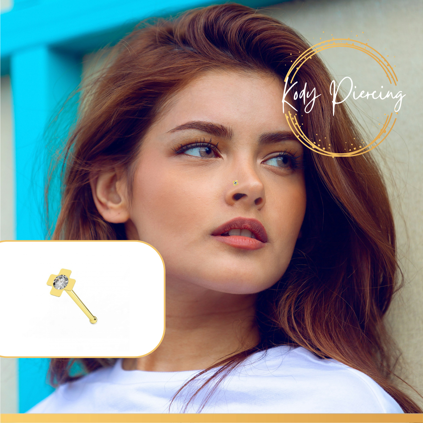 KODY PIERCING Stud Or 9 Carats Croix avec Cristal Serti
