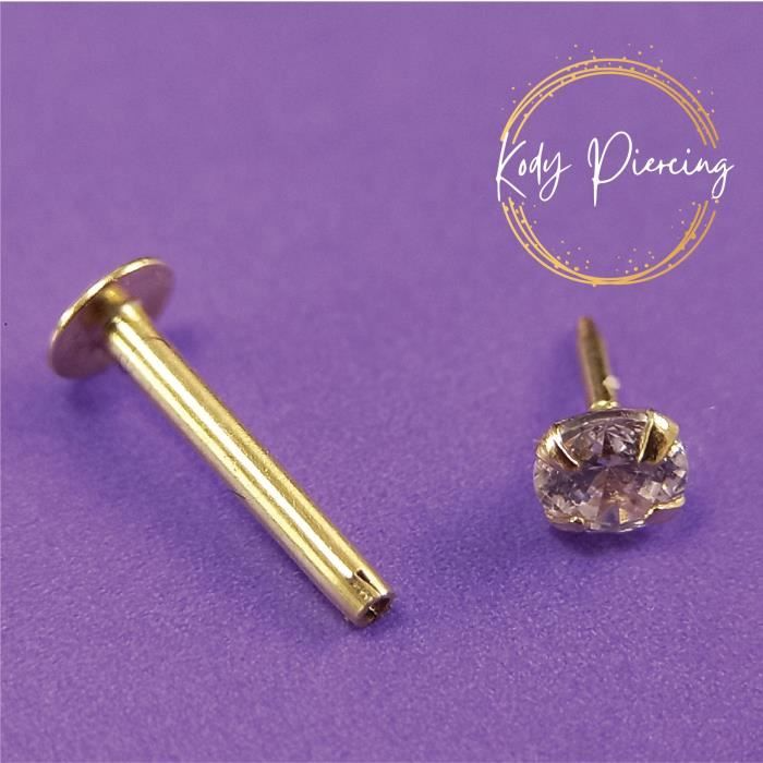 KODY PIERCING Labret En Or Jaune creux 14 carats Orné d'une Pierre Précieuse Sertie Zircon CZ Rond de 3mm