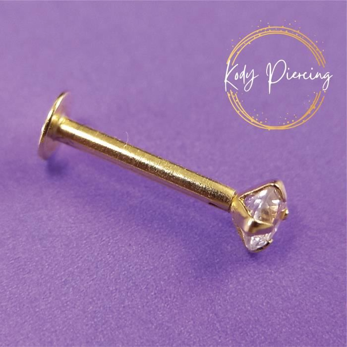 KODY PIERCING Labret En Or Jaune creux 14 carats Orné d'une Pierre Précieuse Sertie Zircon CZ Rond de 3mm
