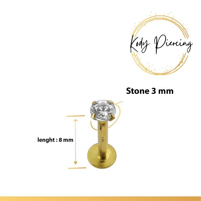 KODY PIERCING Labret En Or Jaune creux 14 carats Orné d'une Pierre Précieuse Sertie Zircon CZ Rond de 3mm