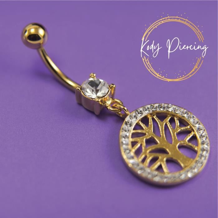 KODY PIERCING Nombril Arbre de Vie Cerclé de Cristaux avec boule lisse - Plaqué Or 18 carats