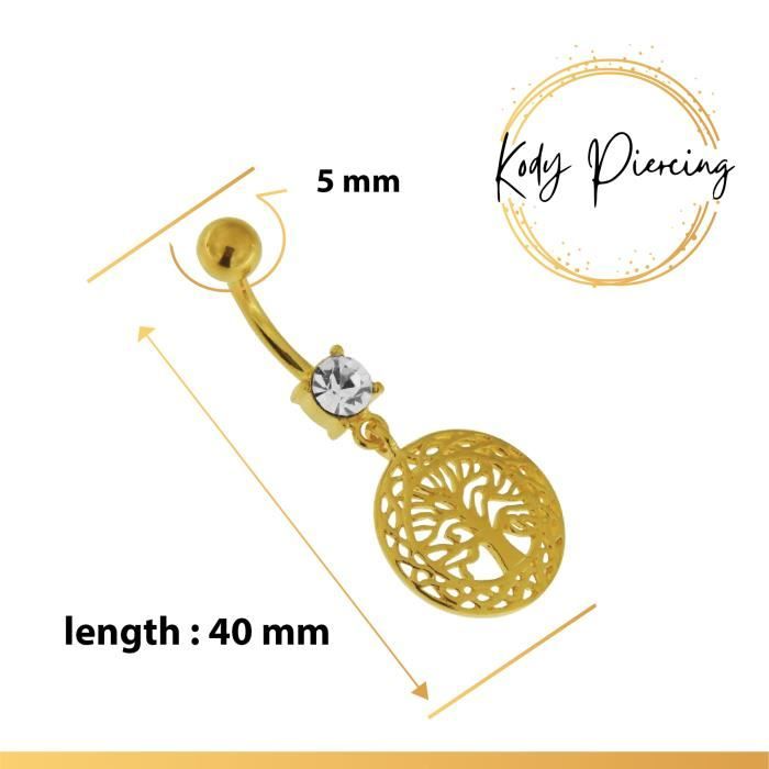 KODY PIERCING Nombril Arbre de Vie Plaqué Or Jaune 14 carats avec Diamant Clair