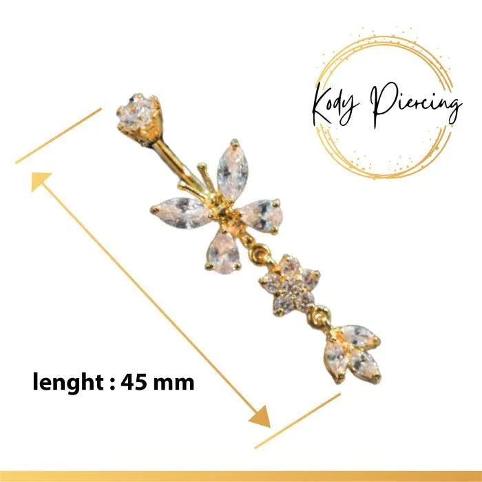KODY PIERCING Nombril Papillon avec Pendant Plaqué Or 14 carats fermeture Cristal 10mm
