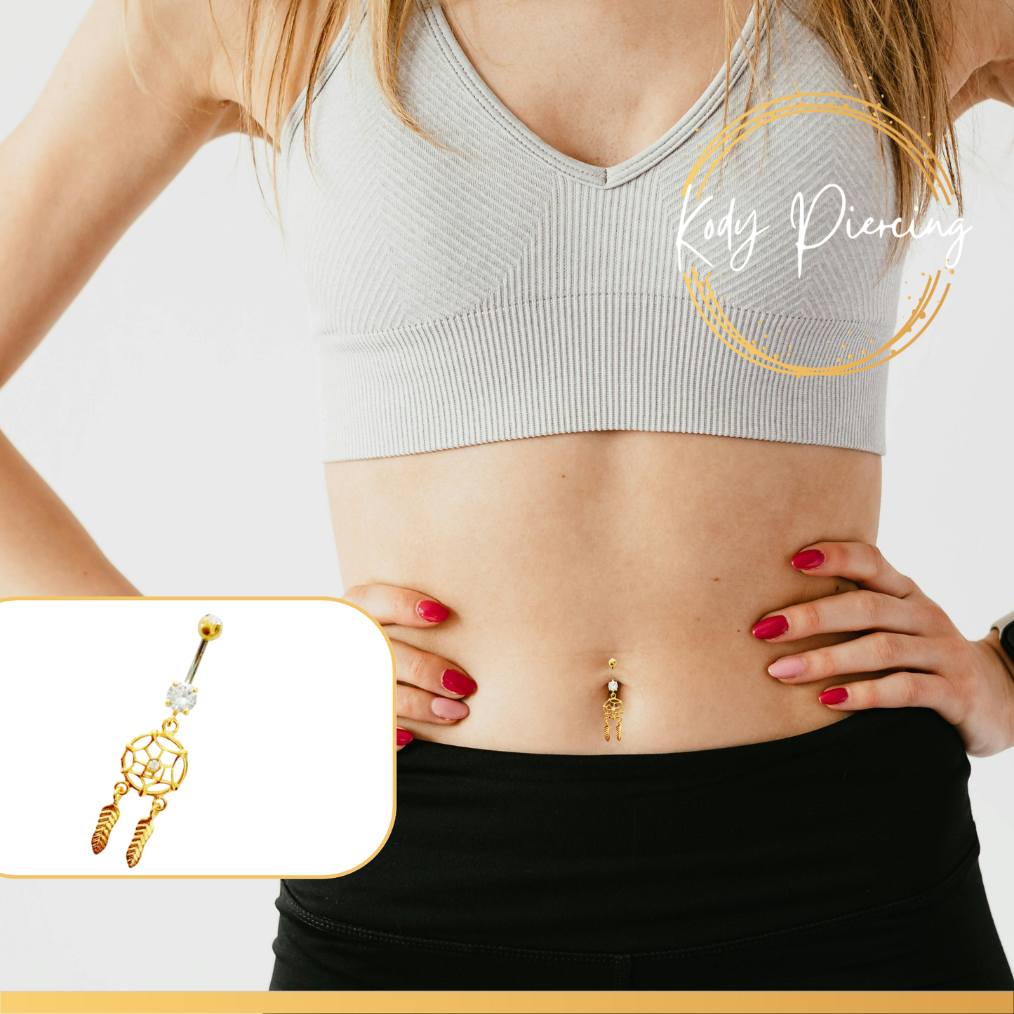 KODY PIERCING Nombril Attrape Rêves avec boule lisse - Plaqué Or 18 carats