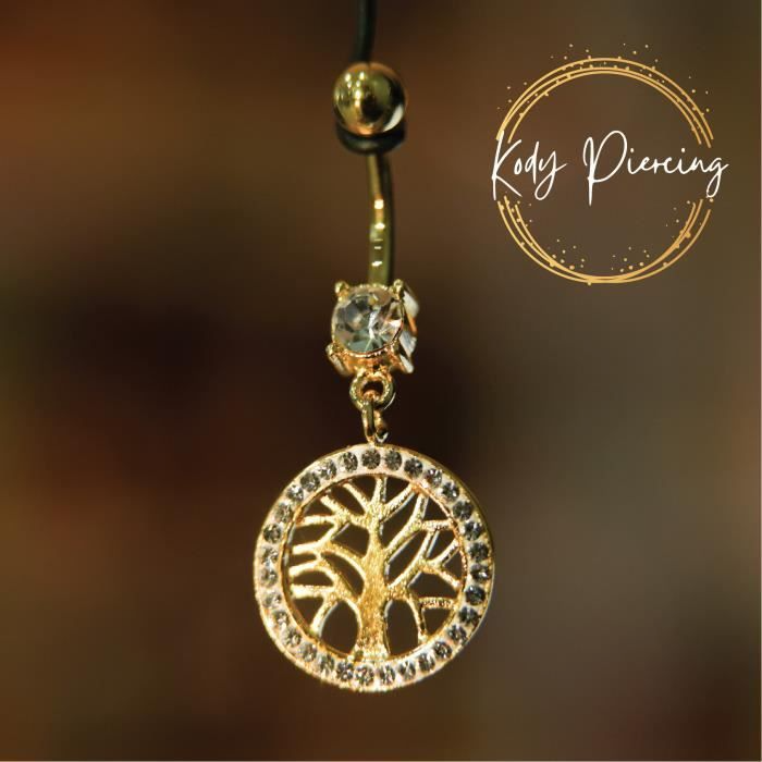 KODY PIERCING Nombril Arbre de Vie Cerclé de Cristaux avec boule lisse - Plaqué Or 18 carats