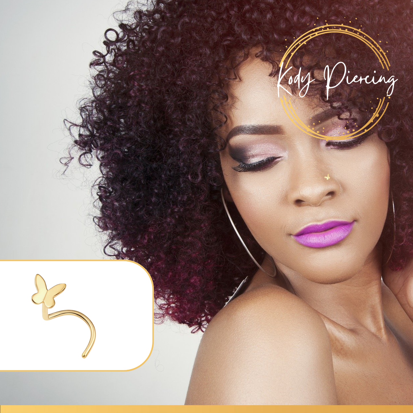 KODY PIERCING Tige Courbée OR Massif 14 Carats Motif Papillon