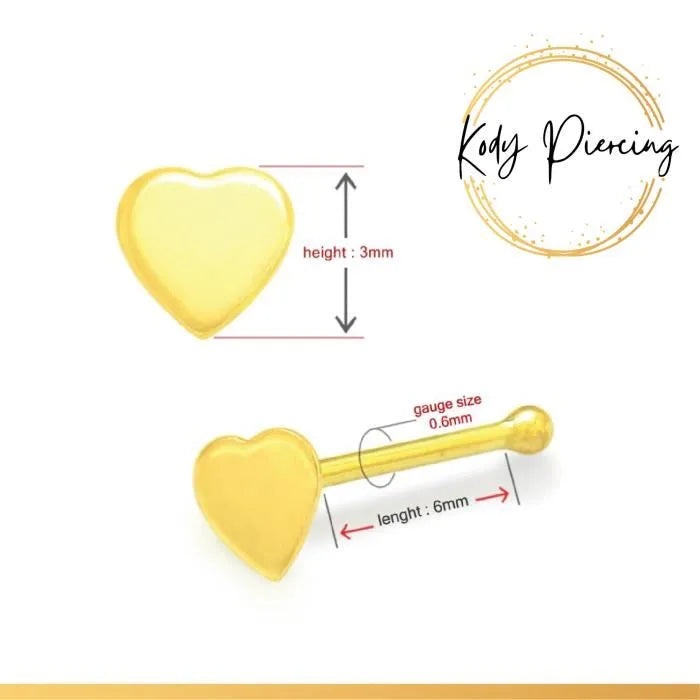 KODY PIERCING Stud en Or 9 Carats et Motif Cœur de 3mm
