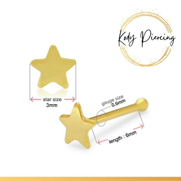 KODY PIERCING Stud Or 14 Carats Motif Etoile 3mm