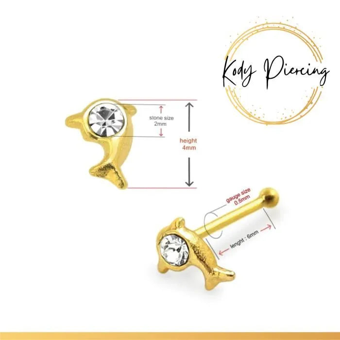 KODY PIERCING Stud Or 9 Carats Forme Dauphin avec Cristal