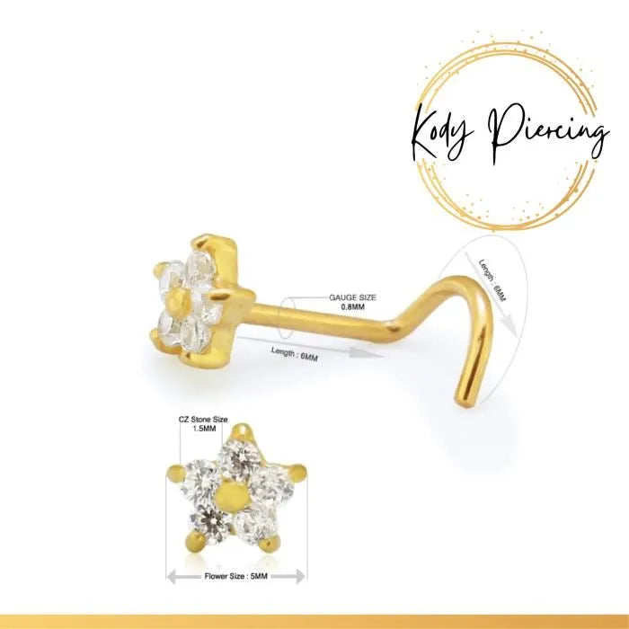 KODY PIERCING Tige Courbée OR 9 Carats et fleur de 5mm avec Zircon CZ